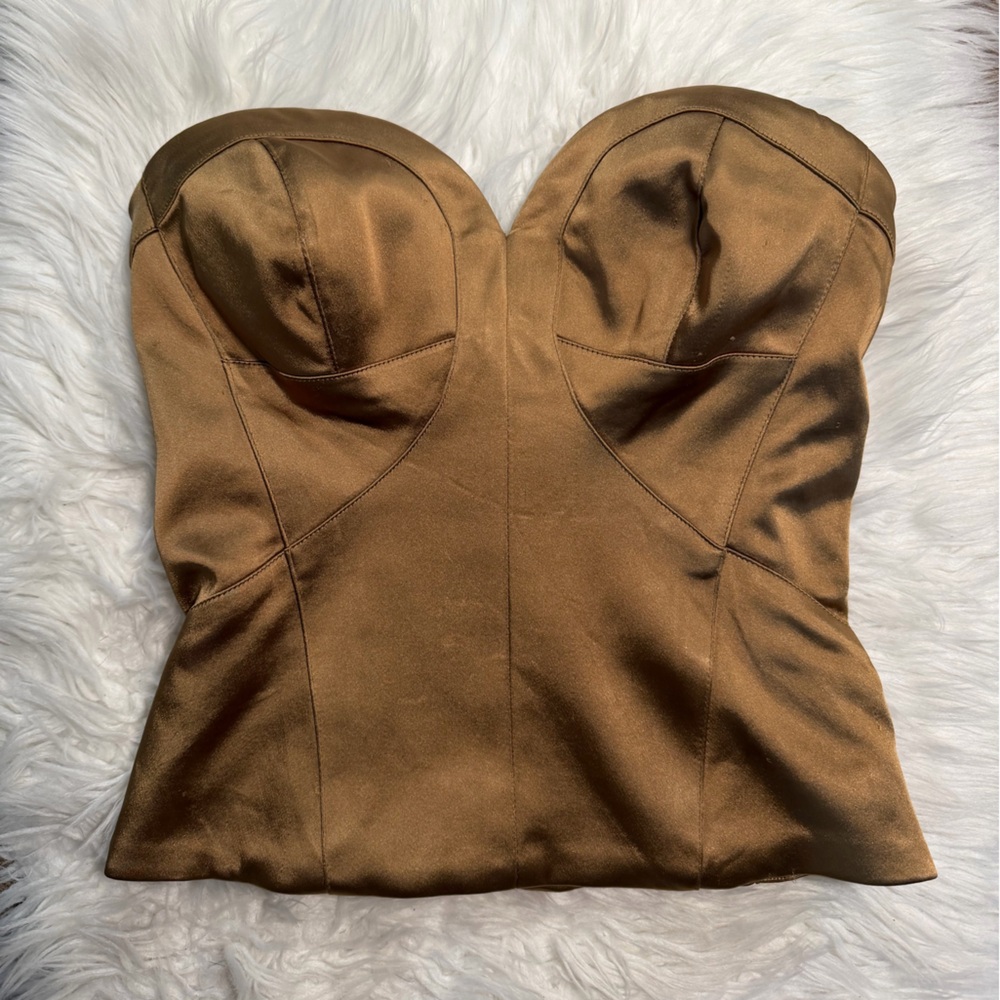 Bebe Dark Gold Satin Strapless Corset Bustier Top Size 2 XS